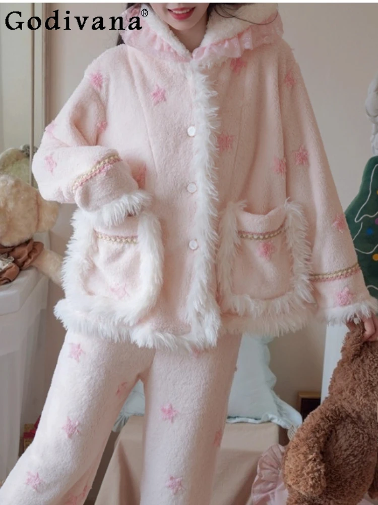 

Cute Sweet Lolita Lace Hooded Coral Fleece Pajamas Women Winter New Thickened Comfortable Fashion Loungewear Two-piece Sets