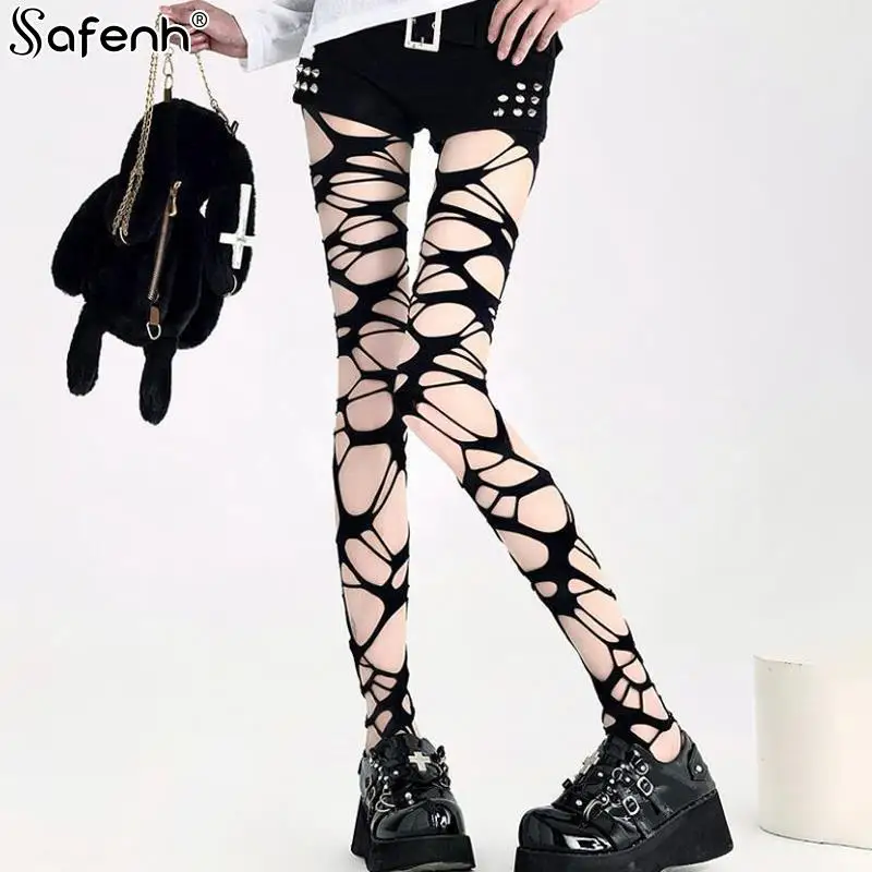 

Y2K Fashion Women Goth Punk Sexy Knife Cutting Damage Fishnet Leggings Pantyhose Stockings Hollow Out Pattern Tights Mesh Socks