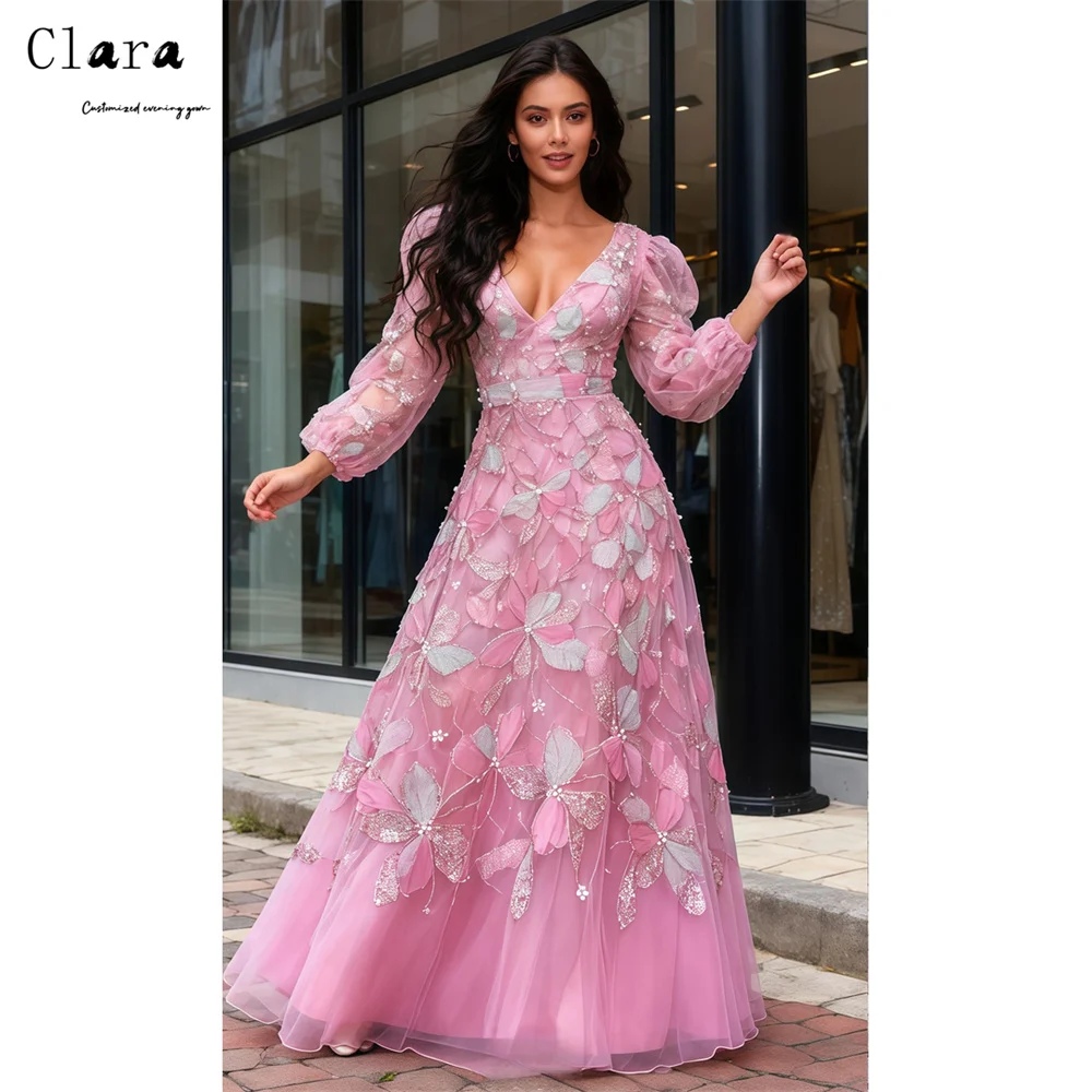 

Clara Custom Pink A-line Embroidery V-neck New Evening Dresses 2026 Luxury Curved Elegant Party Dresses for Wedding Woman Dress