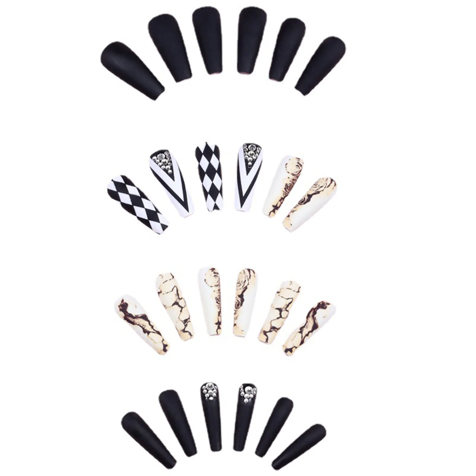 Rhinestone Setting Black White Long Fake Nails with Harmless and Smooth Edge Nails for Fingernail DIY Decoration