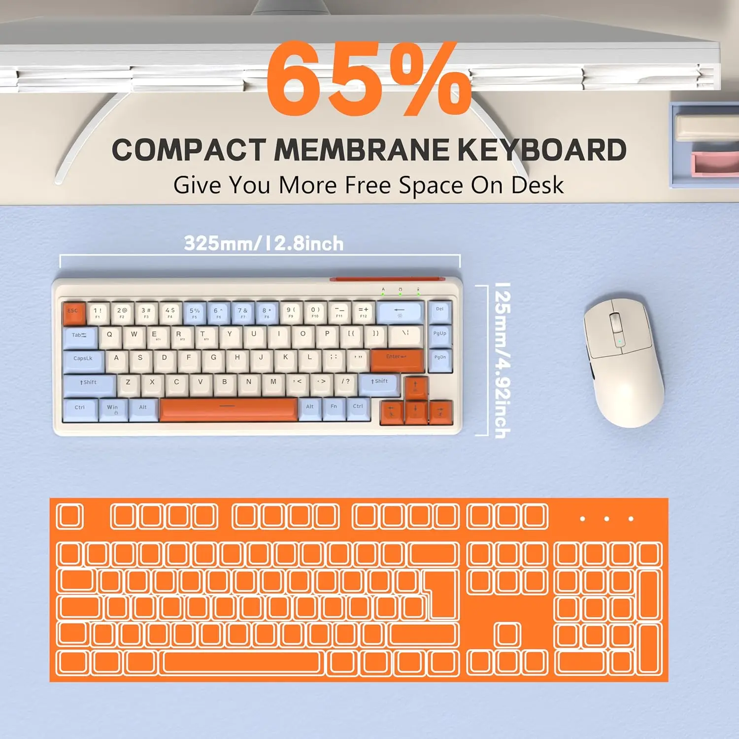 M68 65% teclado para jogos sem fio, teclado de membrana silenciosa tri-modo, teclas PBT, 2000mAh 67 teclas arco-íris LED retroiluminado para Win/Mac
