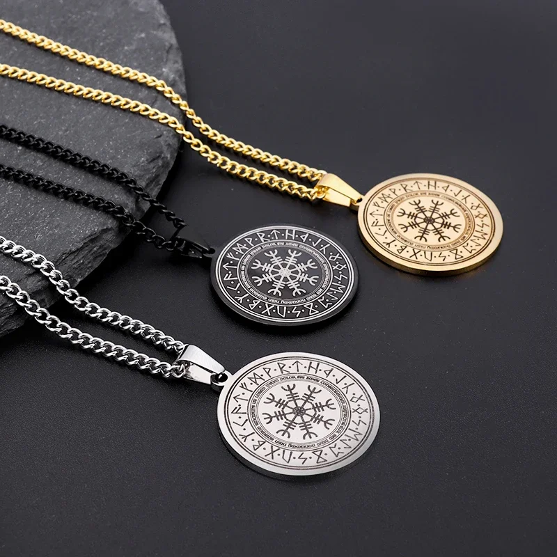 Rune Compass Pendant Vintage Stainless Steel Necklace Men Hip Hop Trend Jewelry Gift