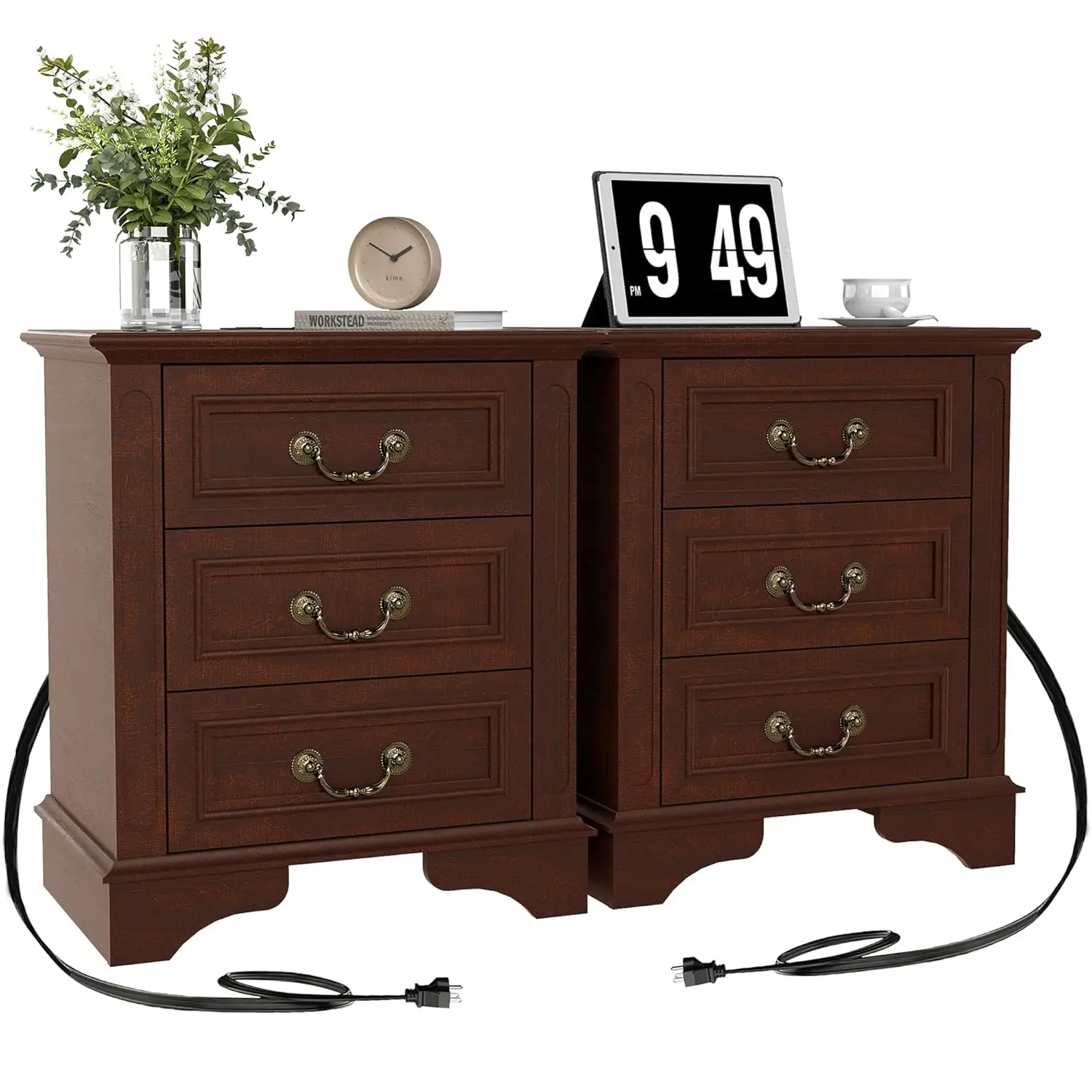 

Wood Nightstand Charging Station 3 Drawers Bedroom Living Room Closet Dark Brown, Customized