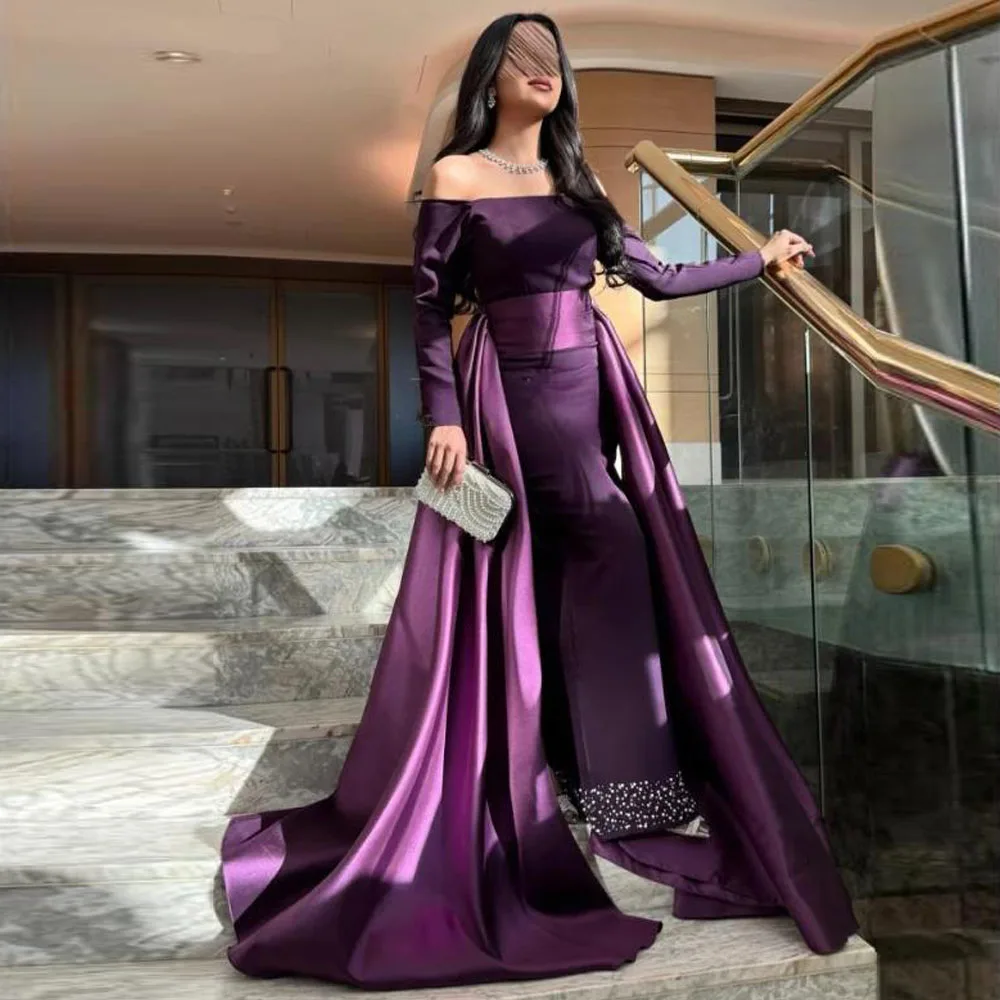 Customized Off the Shoulder Evening Dresses with Detachable Train Beaded Mermaid robes de soirée Cap Sleeve Satin Purple Gown