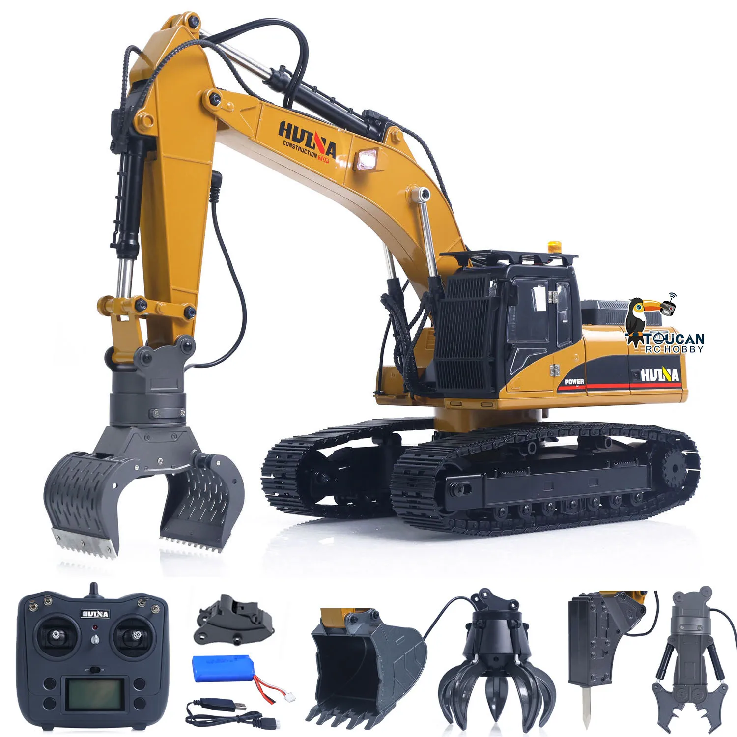 EU-Lager HUINA Neue Verbesserung 580 1/14 Metall-Bagger RC Baufahrzeuge Elektrisches Modellspielzeug Kugelgreifer Scherenklaue mit Sound und Licht TOUCAN HOBBY Modell
