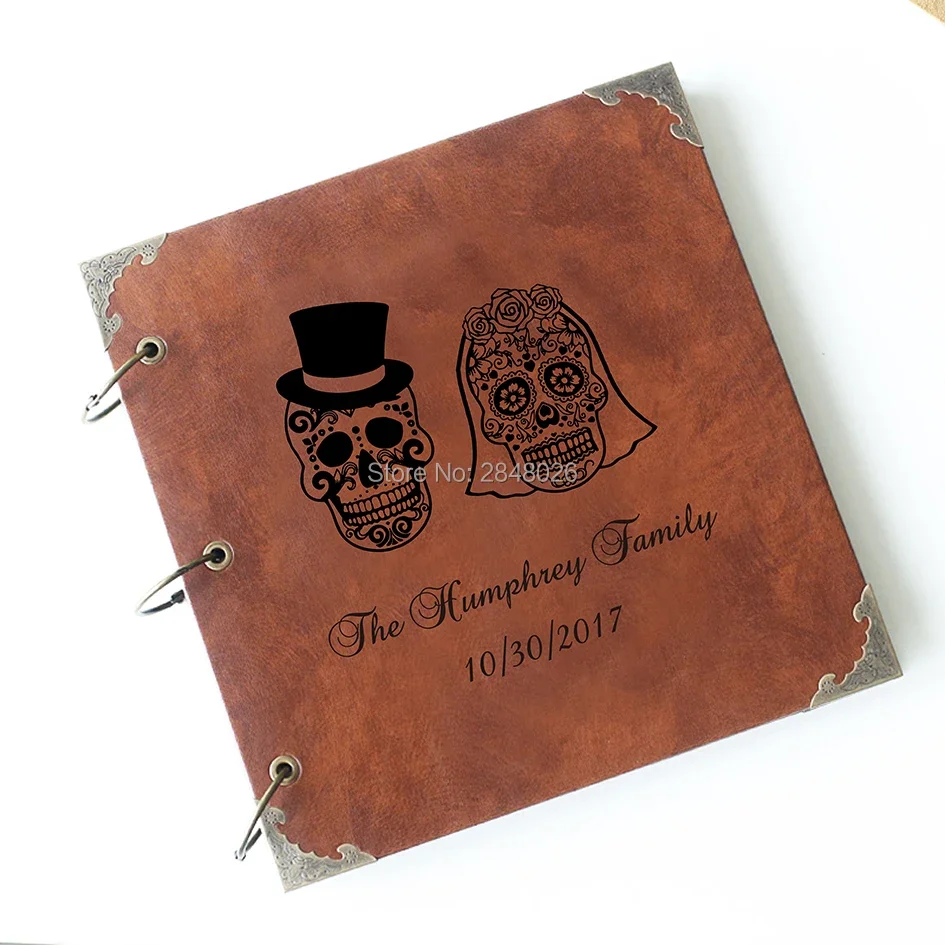 Custom Wedding Sugar Skull  Leather Guest Book /Personalized Destination Map Album /Wedding Guestbook/ guest book