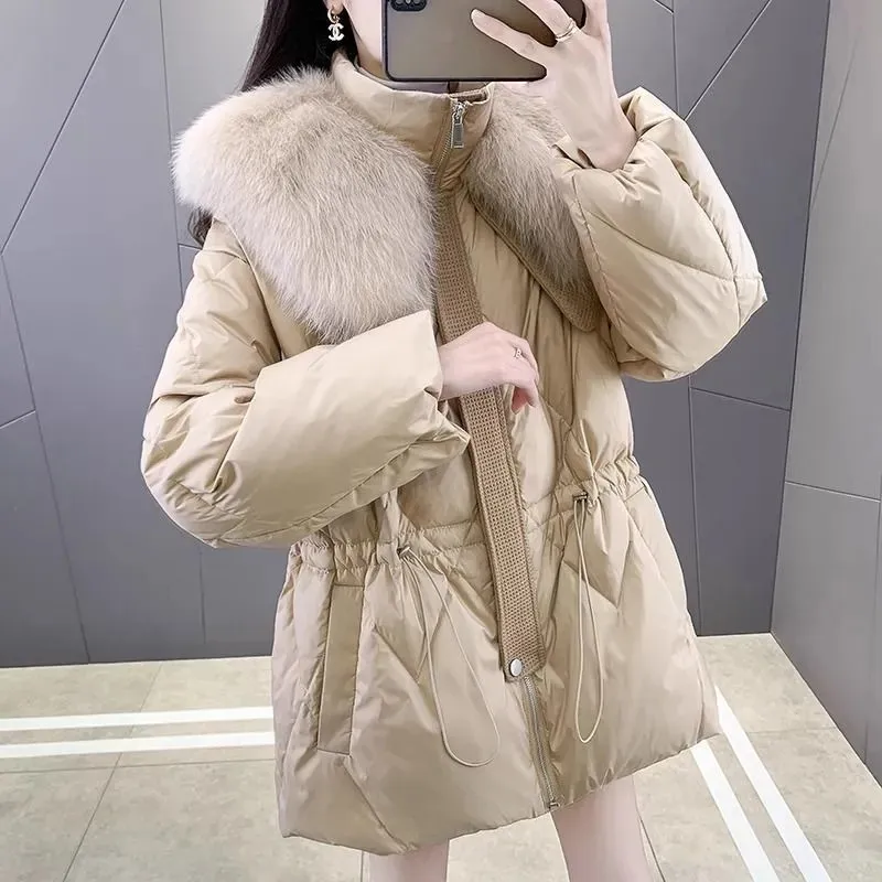 Cotton-padded Jacket with Big Fur Collar for Women Lace-up Jackets Vintage Female Clothes High Quality Winter Outerwears 2025