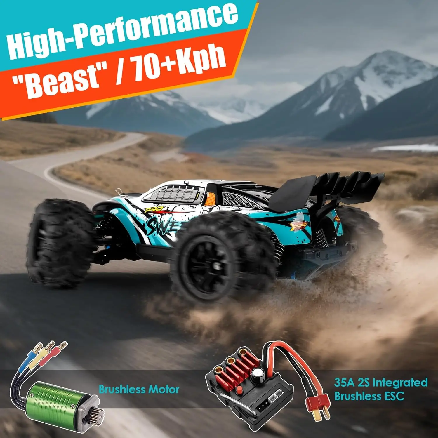 High-Speed 4WD Brushless Remote Control Car, 1/16 Scale All-Terrain Off-Road Truck, 65+ mph Fast Adult Electric RC Vehicle, Includes 1500mAh×2 T-Plug Batteries, for Adults and Boys