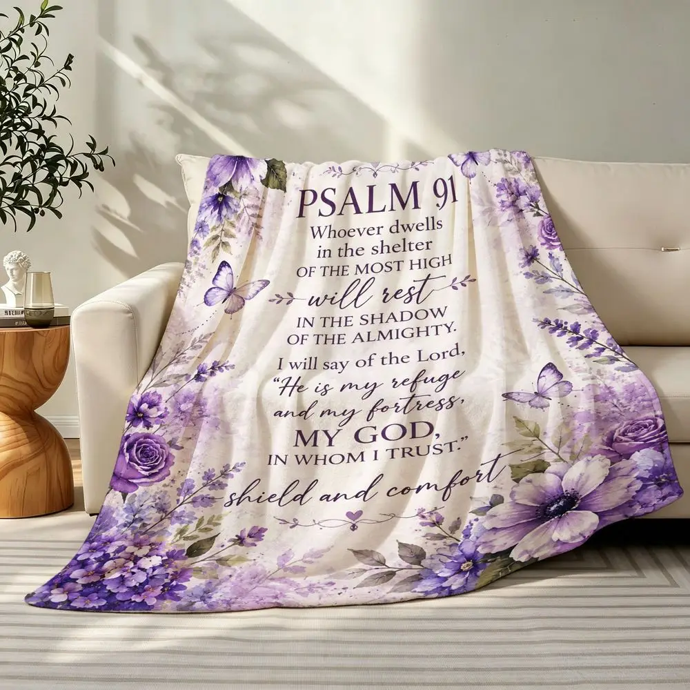 Psalm 91 Bible Verse Flannel Blanket Floral Butterfly Christian Scripture Throw Blanket for Sofa Bed Couch Bedroom Living Room Religious Home Decor Prayer Gift Church Gift Cozy Nap Blanket Office Travel Faith Bedding Inspirational Spiritual Room Accent