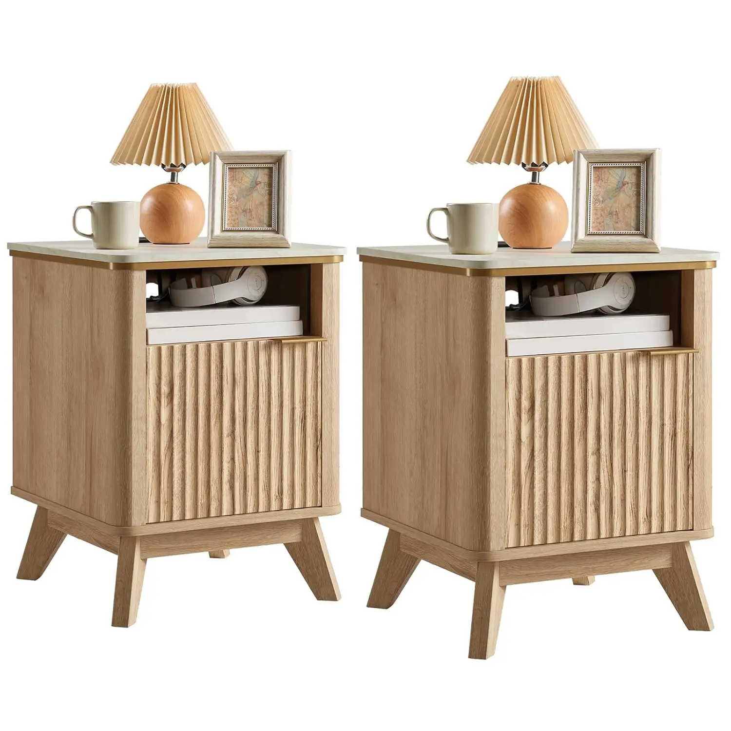 

Комплект из 2 прикроватных тумбочек с рифленой отделкой и зарядной станцией, 18-дюймовый современный приставной столик, деревянная прикроватная тумбочка с имитацией мрамора, на заказ