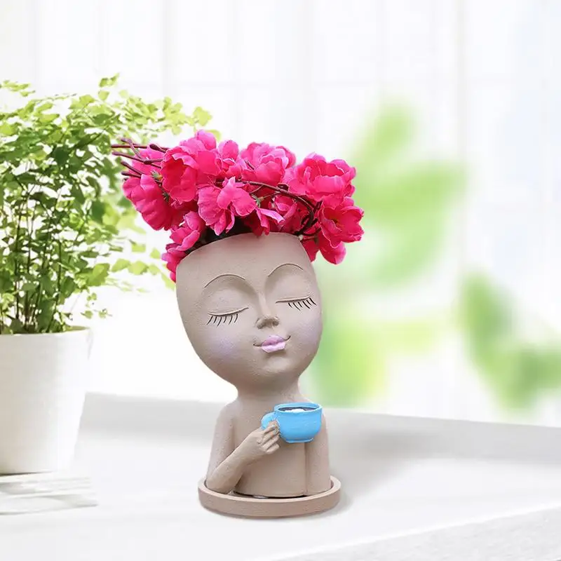 Cute Head Planter Plant Pot Drinking Coffee Resin Flower Planter With Closed Eyes And Drainage Hole Fireplace Succulent Plant