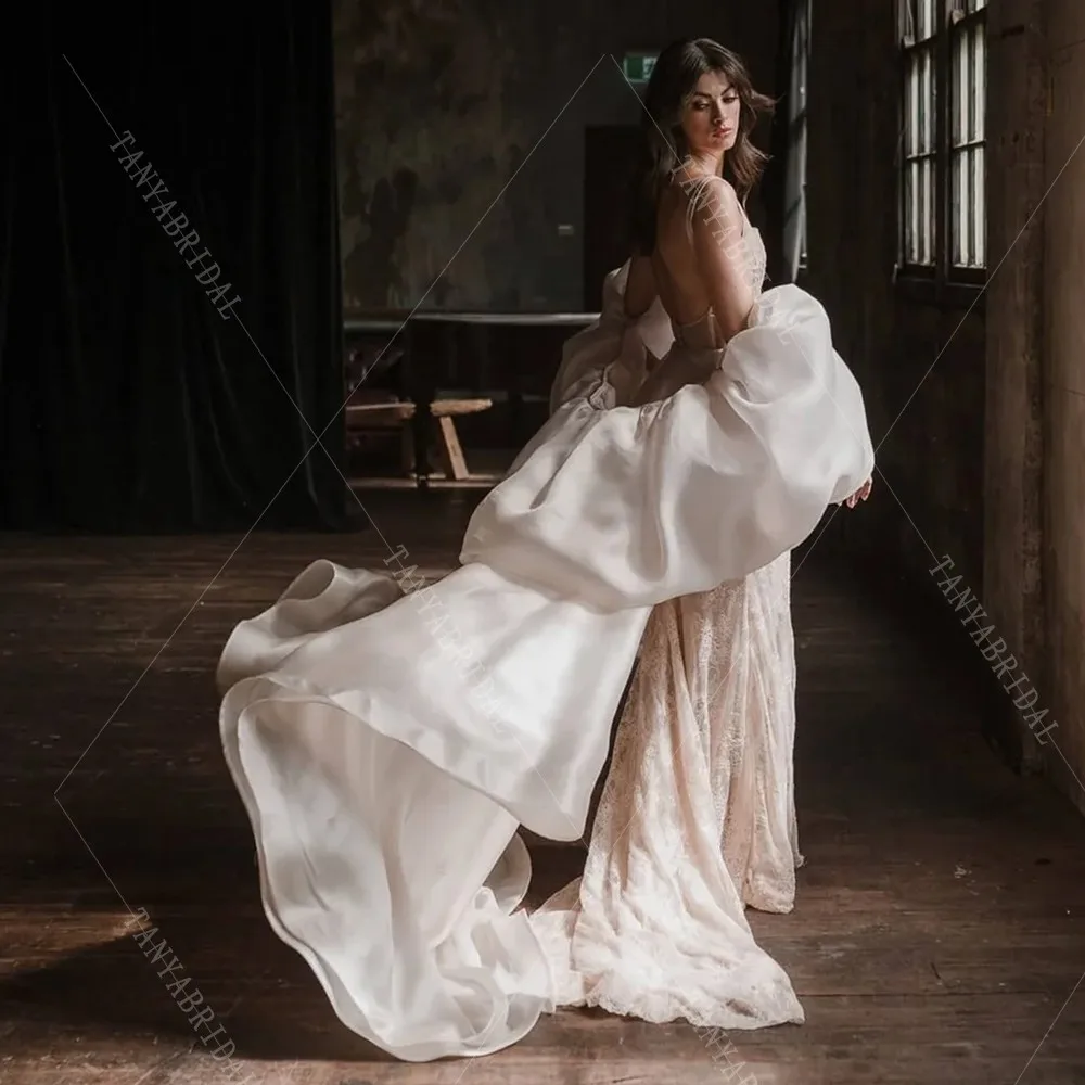 Elegant Organza Satin Wedding Cape With Puffy Short Sleeves,Simple Sweep Train Bridal Cloak,Romantic Wedding Accessories TSWD404