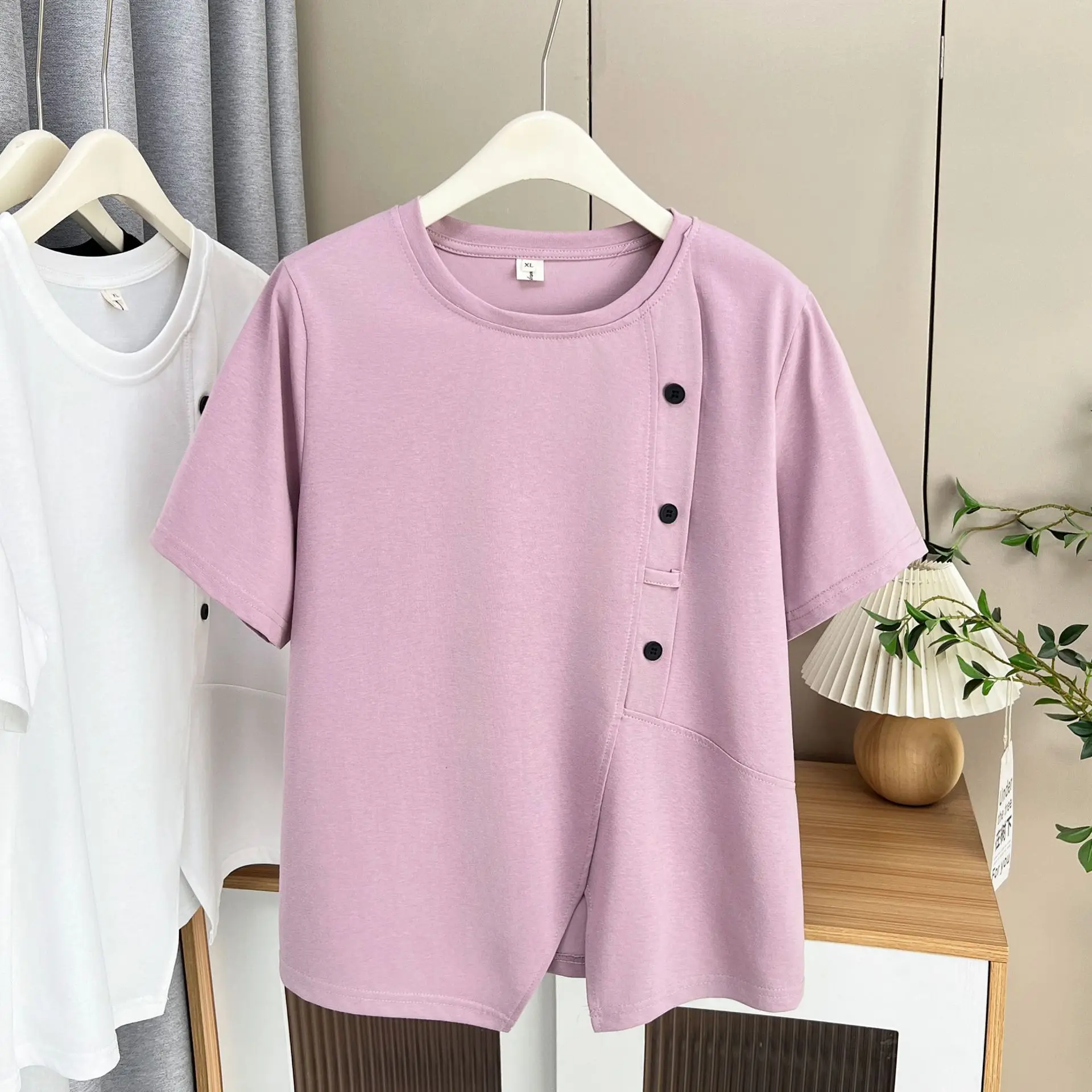 

Plus Size Women's Top Summer New Casual Design Button Slit Short Sleeve Tees 100kg T-shirt 2511