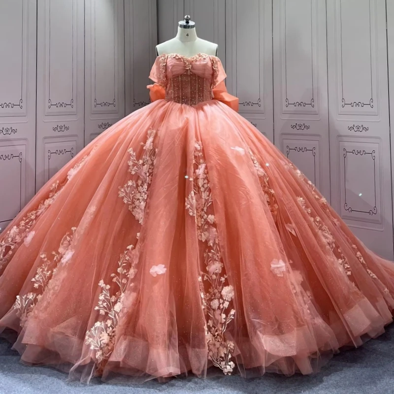 

Orange Shiny Quinceanera Dresses Off Shoulder Ball Gown Sweet 16 Dress Applique Flower Beading Crystal Bow Tull Birthday Party