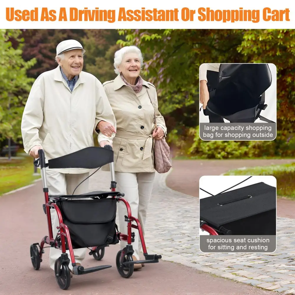 Andadores para personas mayores ajustables en altura mejorados, andador de 4 ruedas con asiento y frenos, ayuda para caminar liviana y plegable, rojo