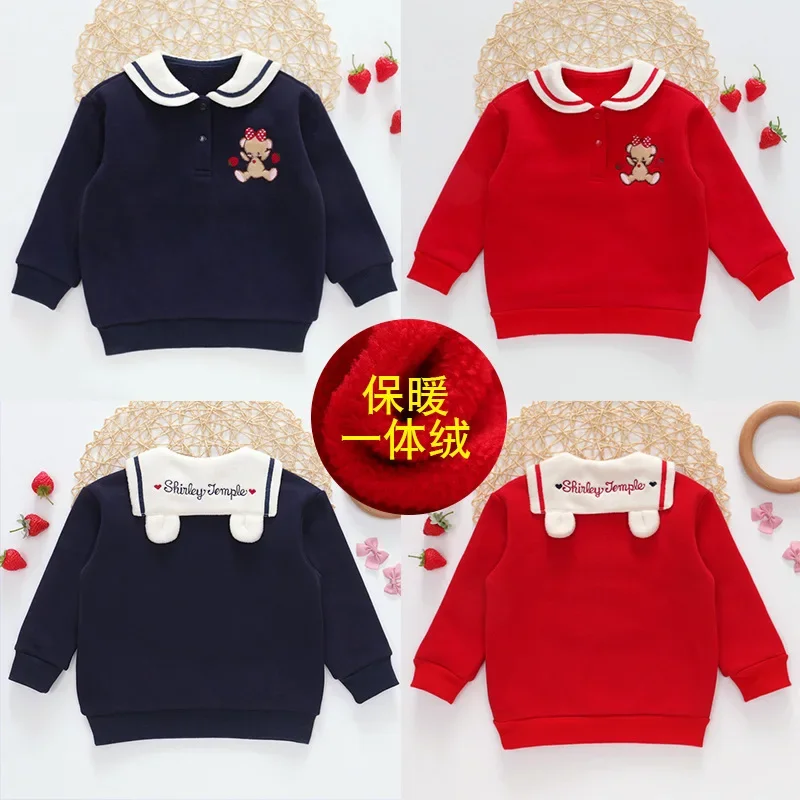 

Shirley Templed Girls Clothes Autumn Winter Cartoon Strawberry Bear Ears Navy Collar Fleece Sweatshirt T-Shirt