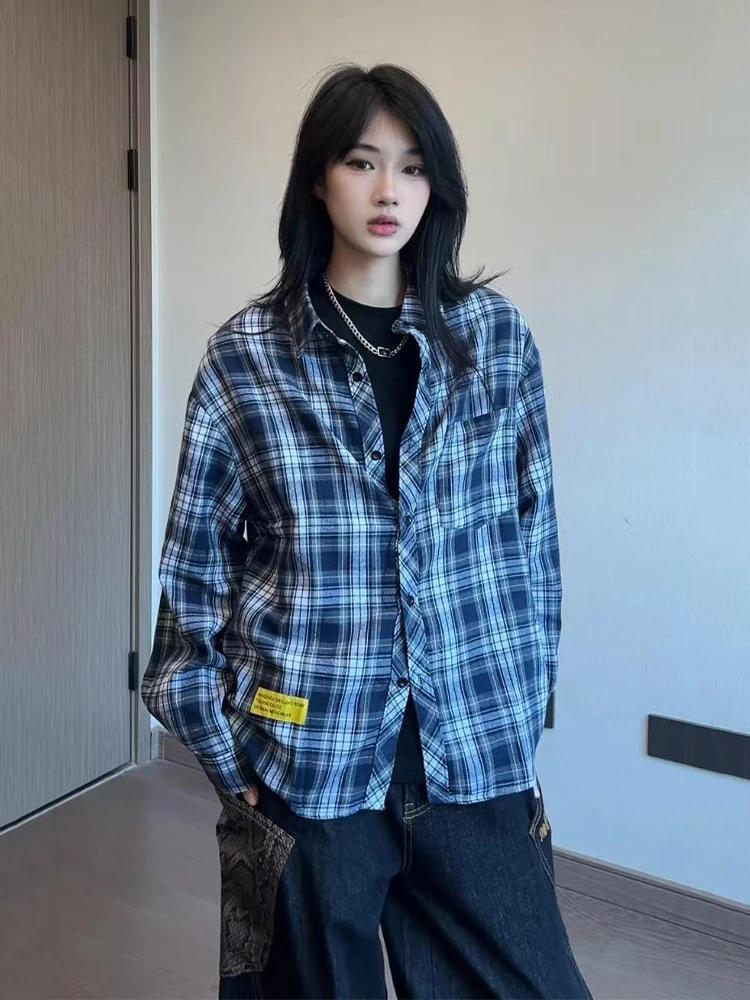

Свободная рубашка в клетку с длинным рукавом для пар, в корейском стиле, для многослойного ношения, осенняя модная новинка, мужской синий клетчатый кардиган