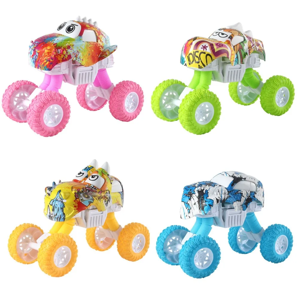 Pop Tubes Monster Trucks for Kids Friction Powered Toy Cars with Expandable Bellows Leg Push and Go Gliding Vehicles Children