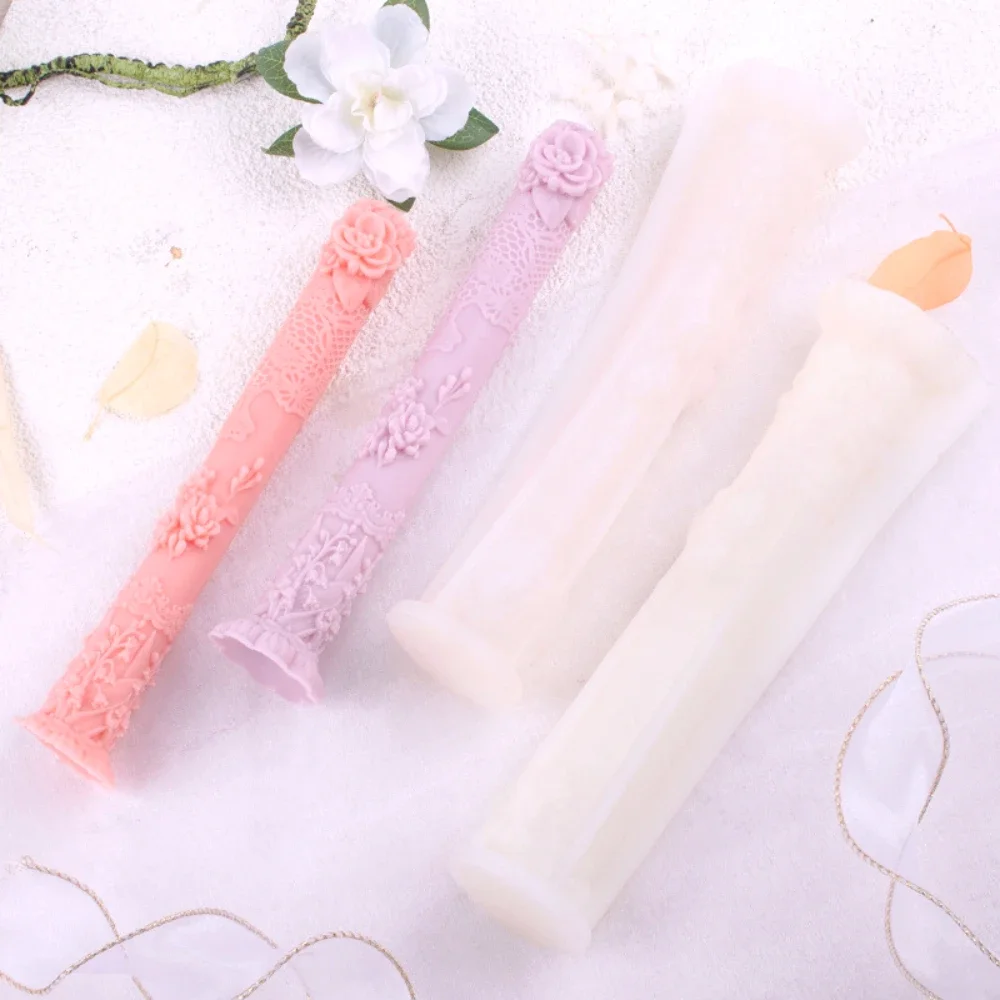 Relief Rose Flower Silicone Candle Moulds Lily Long Pole Gypsum Molds Plant Shape Cylinder Resin Decor Peony Soap Makinhg Tools