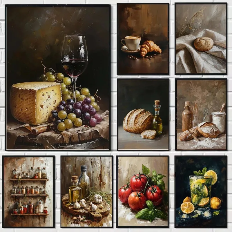 Bread Cheese Red Wine Kitchen Condiments Vintage Picture Canvas Painting Home Room Kitchen Decoration Cuadros