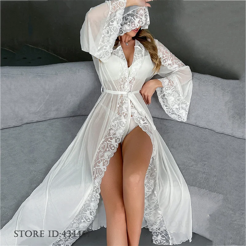 

Sexy Perspective Mesh Bride Wedding Robe Nightgown Patchwork Lace Long Hooded Kimono Bathrobe Gown Home Dress Elegant Sleepwear
