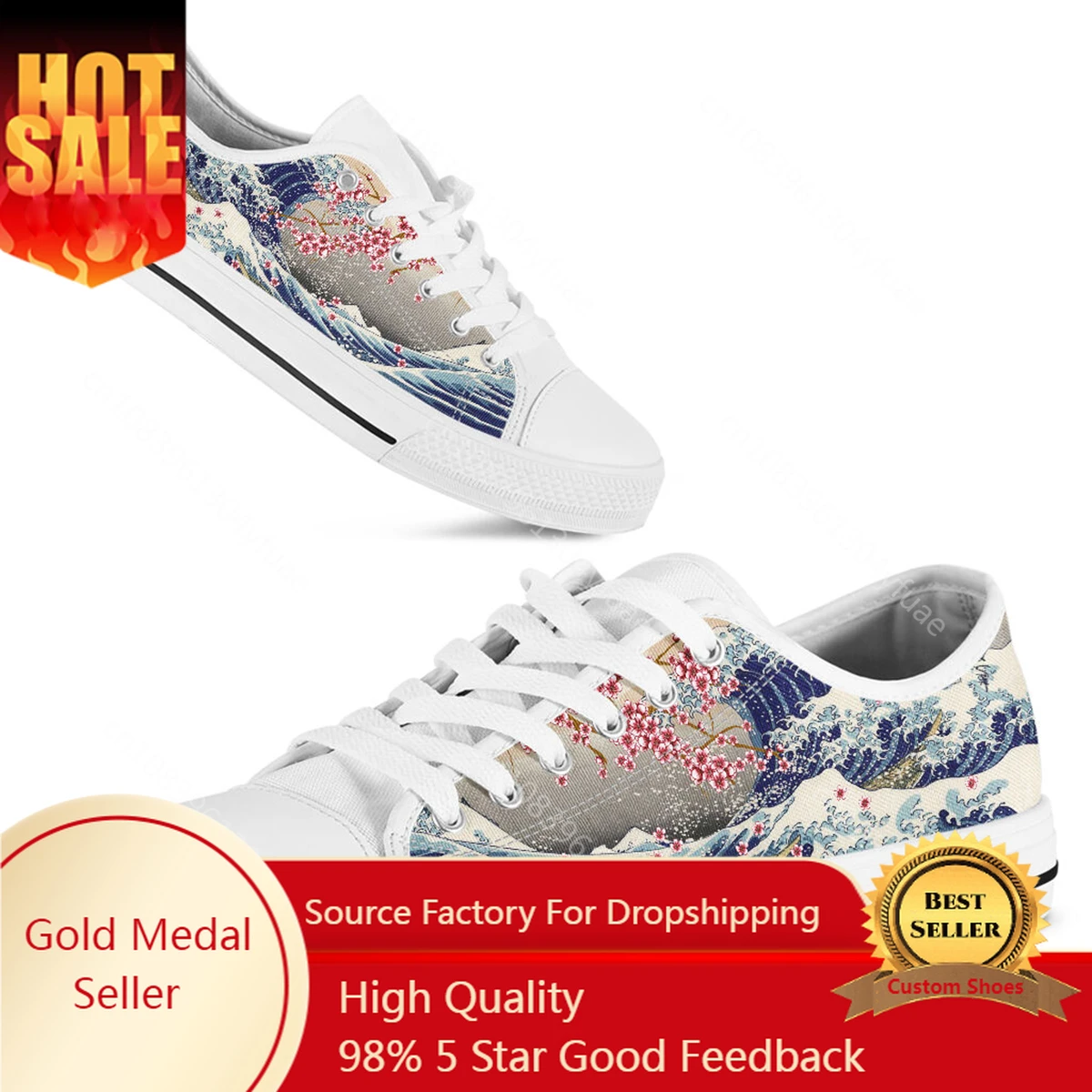 The Great Wave Saruka Flower Women Casual Flat Shoes Lace-up Loe top Canvas Sneakers Big Size 45/46