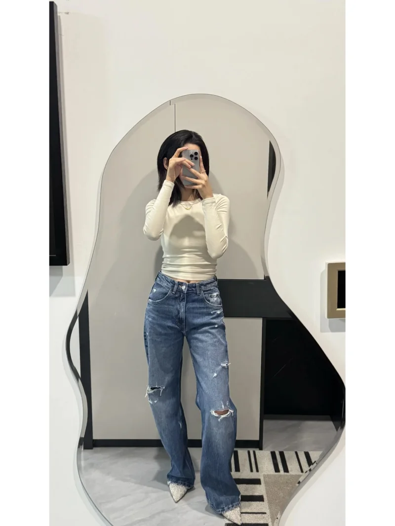 ETJ 2025 ربيع جديد للمرأة 1975 سلسلة عالية الخصر منحني صورة ظلية جميع القطن القديم ممزق التفاصيل واسعة الساق الجينز