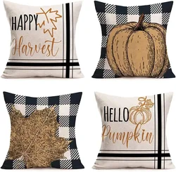 Happy Harvest Hello Pumpkin Pillow Cover Black Plaid Pumpkin Maple Leaf Home Sofa Pillowcase Cushion Cover