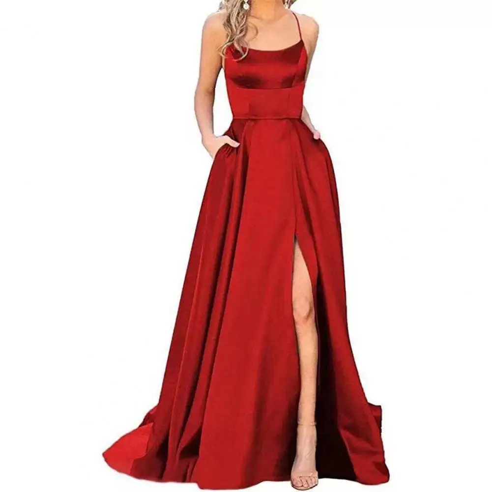 

Elegant Sling Sleeveless Formal Prom Maxi Dress High Waist Side Split Thigh Hem Pockets Evening Party Gown Dress платье женское