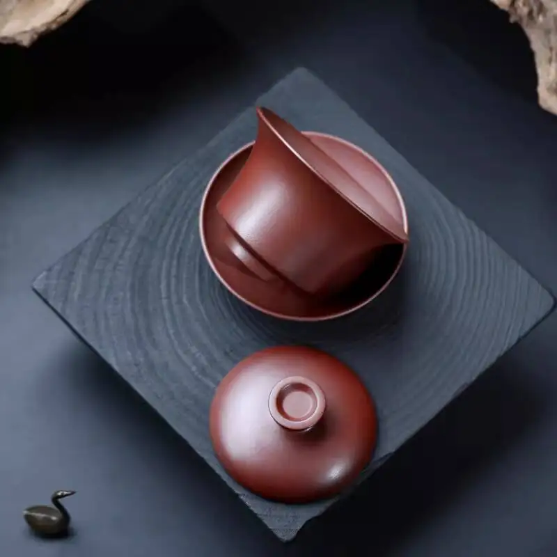 Changtaoyixing Original Mineral Bowl, Purple Clay Brewing Stone Red Three-Piece Lidded Bowl Tea Cup, 150Cc