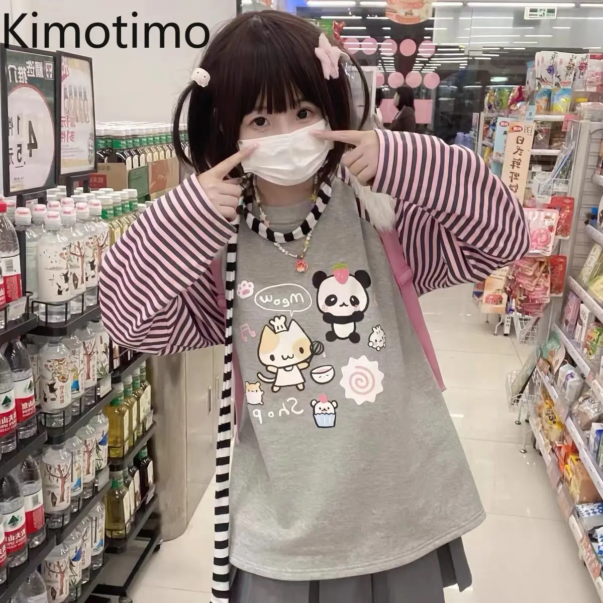 

Kimotimo Contrast Color Patchwork Striped Long Sleeve T-shirt Women Japanese Cute Cartoon Printed Loose Tops Sweet Casual Tees