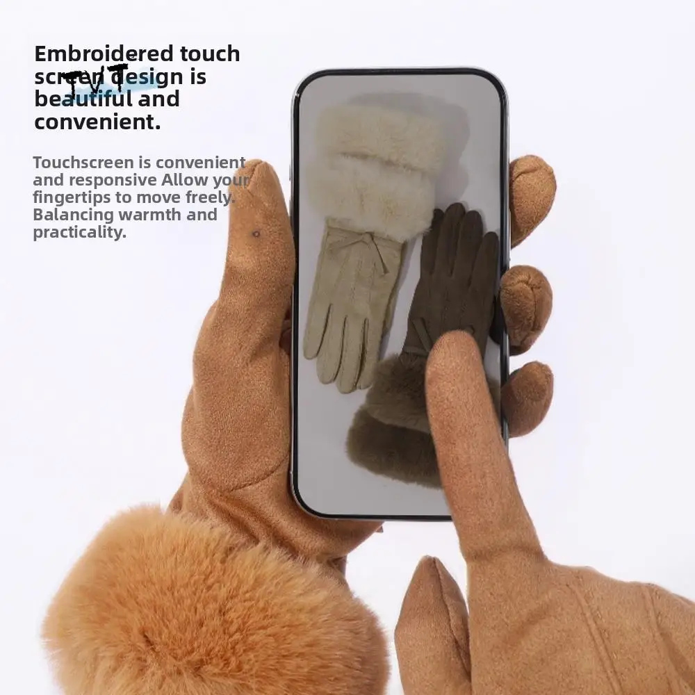 

All-Match Velvet Winter Suede Gloves Soft Bow Pu Leather Gloves Thick Korean Style Women Cycling Mittens Outdoor