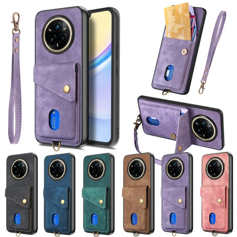 PU Leather Flip Wallet Card Slot Stand Holder Case For Realme 14 Pro 13 Plus 12 11 Pro + 10 4G Bracket Lanyard Shockproof Cover