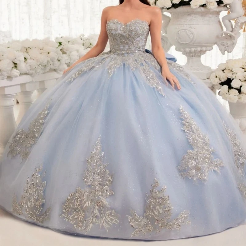 Sky Blue Shiny Quinceanera Dresses 2025Formal Luxury Party Beading Lace Appliques Sweet 15 Dress Graduation Ball Gwon Prom Gown