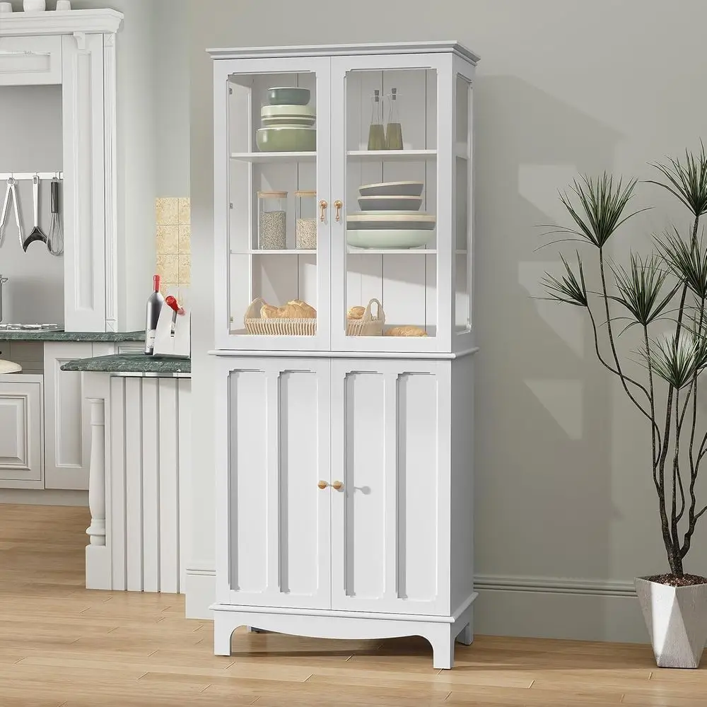 

Classic White 72 Tall Kitchen Pantry Cabinet with Glass Doors and Adjustable Shelves for Kitchen, Living Room, and Dining Area