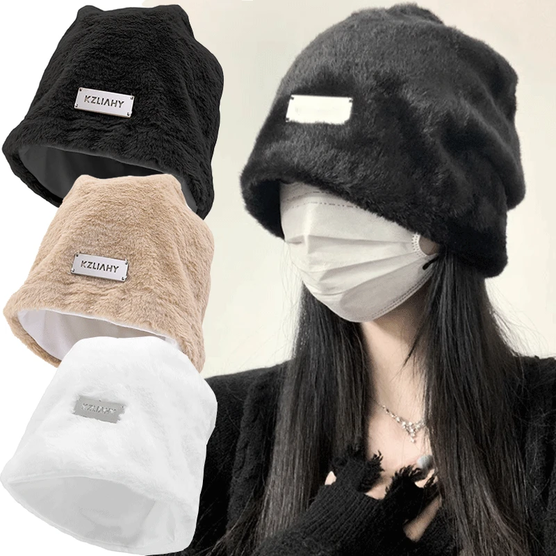 

2023 NEW Women Plush Beanies Hats Winter Warm Solid Baggy Fleece Wool Skullies Hat Outdoor Coldproof Thicken Caps Female Gorros