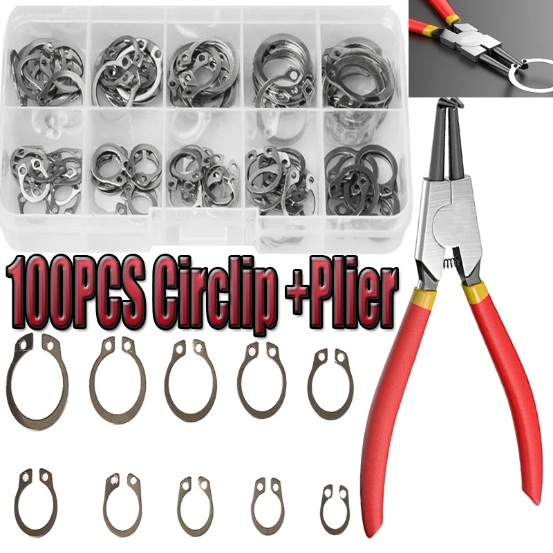 

100Pcs 304 Stainless Steel M8 M9 M10 M11 M12 M13 M14 M15 M16 M18 Jump Ring Circlip E Clip Split Washers+1pcs Circlip pliers