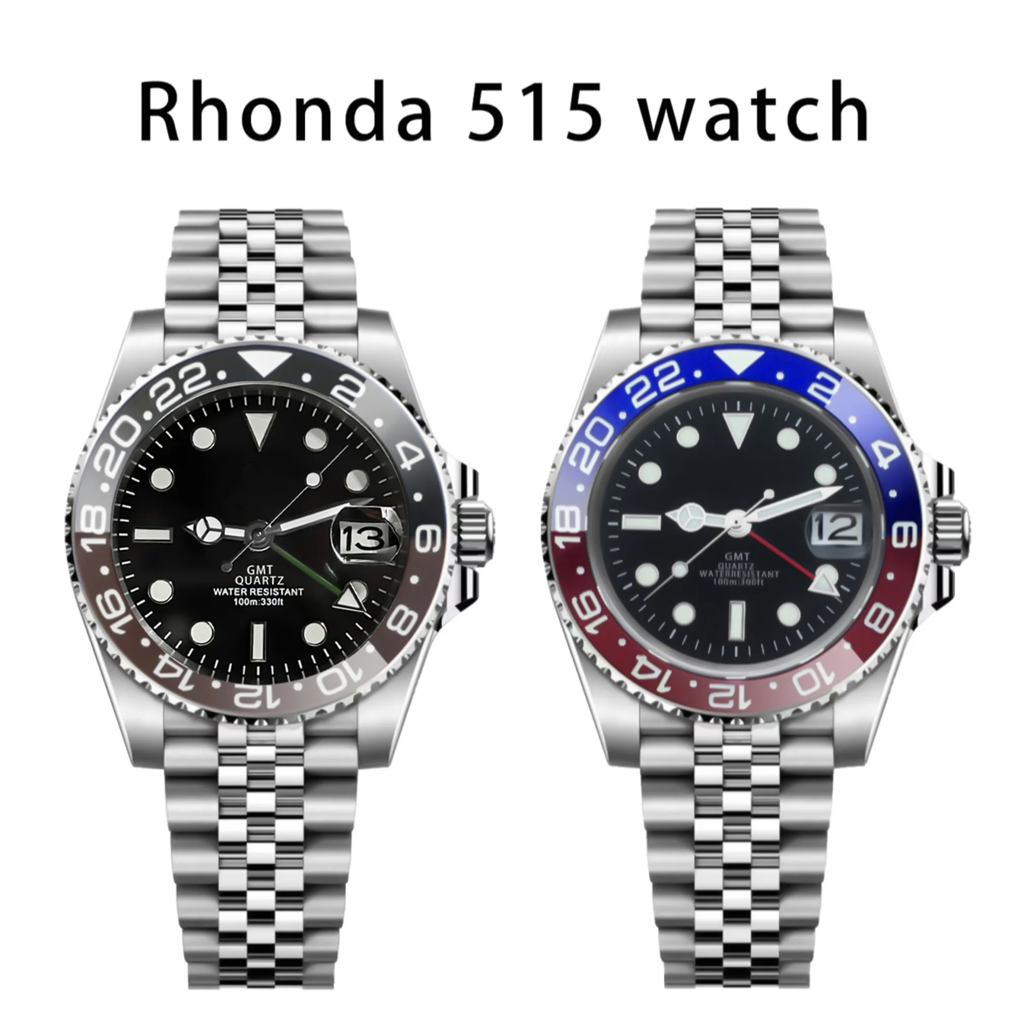 BLIGER 40mm Ronda 515 Quartz Men's Watch Ceramic Luminous Bezel Sapphire Glass Black Dial Red Green GMT Hand Waterproof Watch