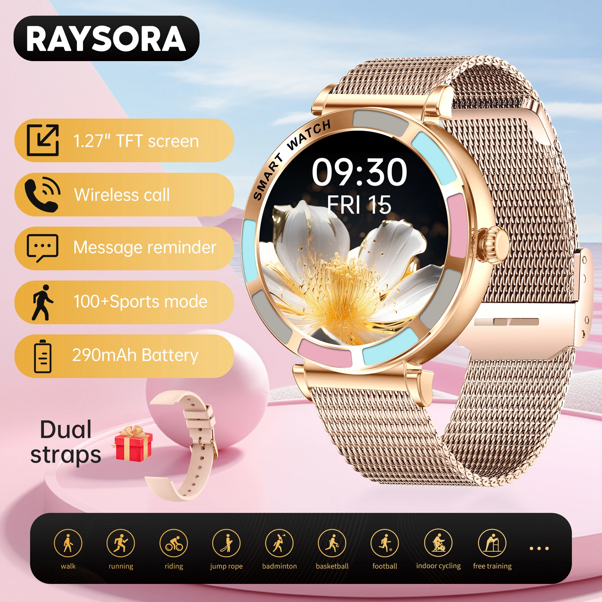 

RAYSORA Smart Watch, Women's Watch, Music Playback/Weather Forecast, 100+ Sport Modes, Gold Steel Bracelet, Silver Steel Strap