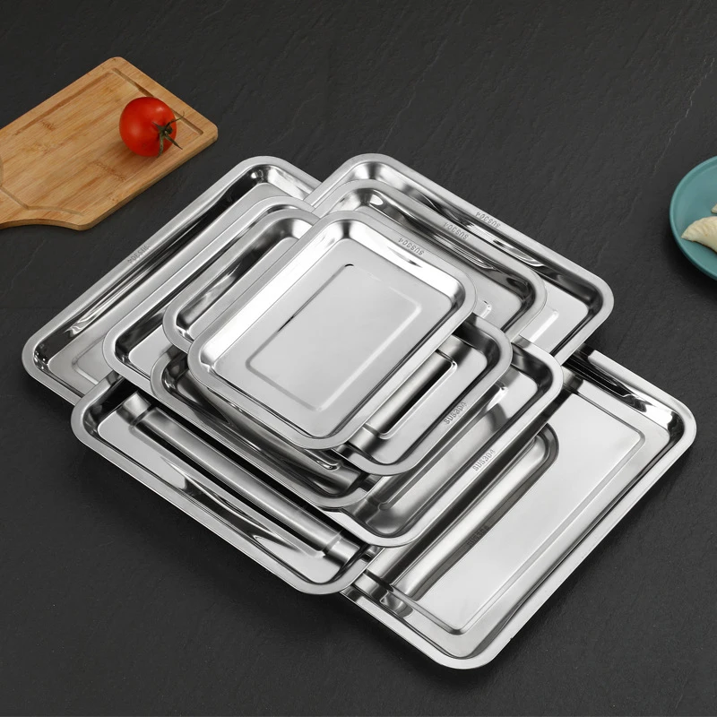 Stainless Steel Barbecue Tea Storage Serving Trays Rectangle Steamed Rice Sausage Plate Grill Meat Restaurant Metal Utensils 1PC