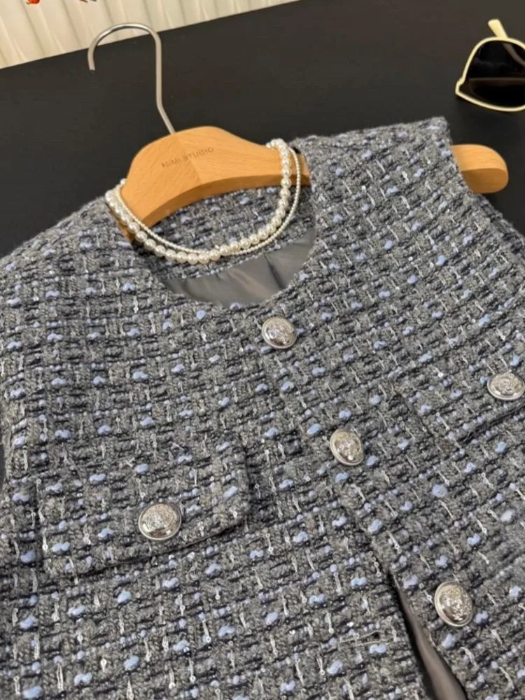 الخريف المرأة خمر الصوفية سترة دون أكمام معطف س الرقبة واحدة الصدر تويد سترة سيدة سليم صالح موضة الشارع الشهير صدرية #4