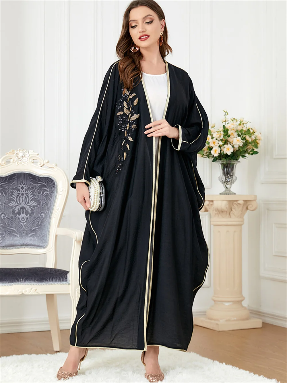 2024 New Kimono Abaya Ramadan Embroidery Black Muslim Dress for Women Islamic Eid Jalabiya Marocain Gown Turkey Moroccan Kaftan