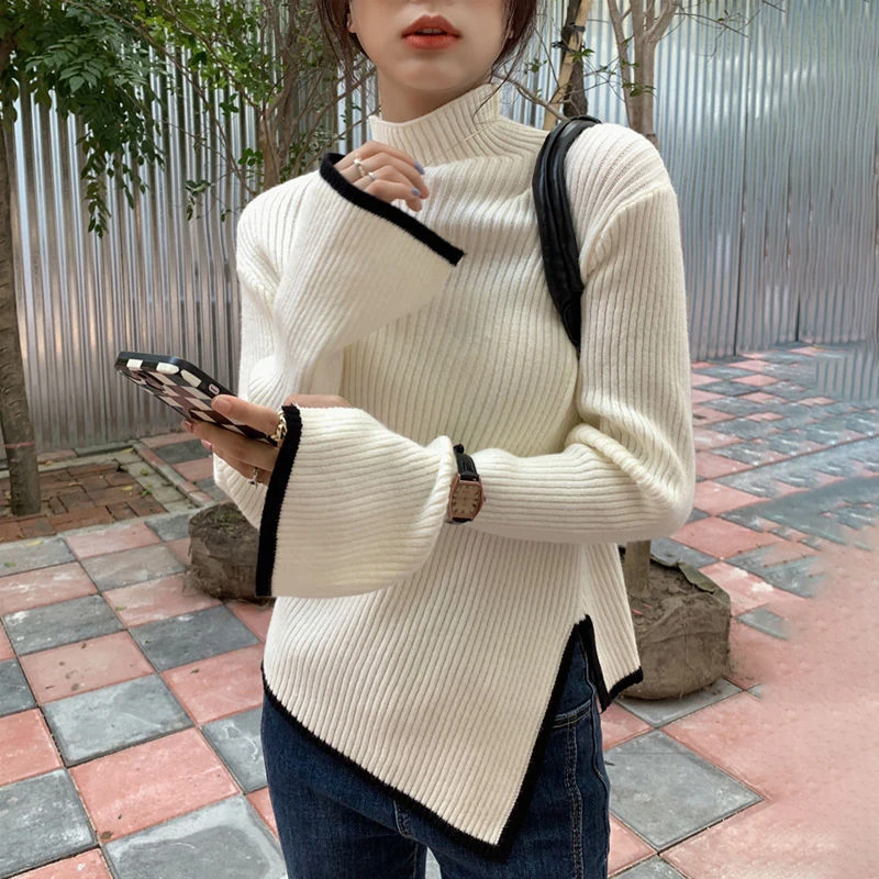 

Winter Hit Color Split Fork Turtleneck Long Sleeve Woman Sweater Slim Fit All-match Korean Fashion Harajuku Pullovers Black Grey