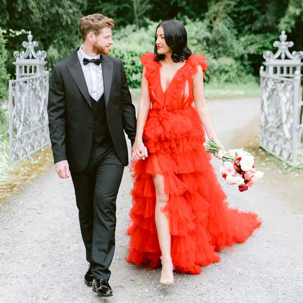 Hot Sale Red Layered Tulle Bridal Dress Long Train Puffy Mesh Wedding Photography Dresses Custom Made Garden Prom Party Dresses