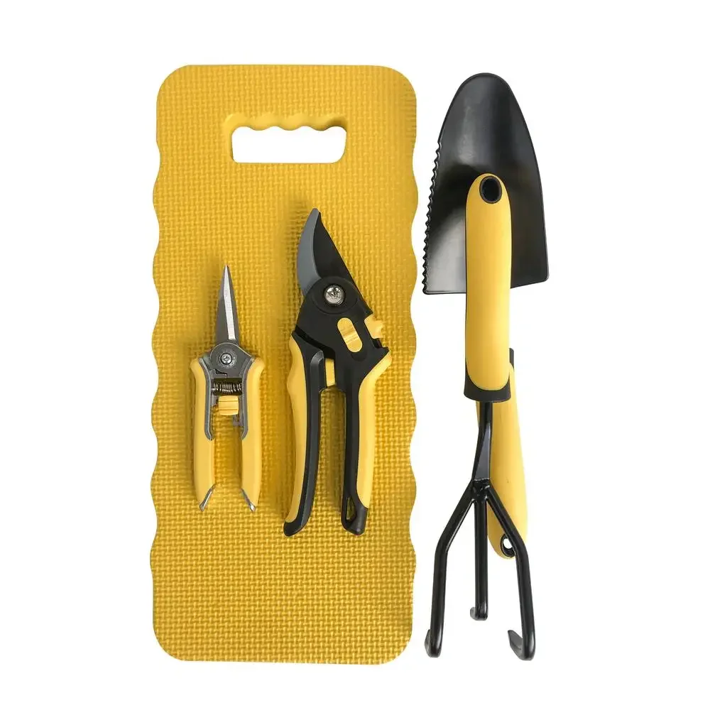 

Gardening Metal Tool Set 5 Piece Black Yellow Pad Trowel Cultivator Pruner Snip Indoor Outdoor Durable Eco-Friendly Gift