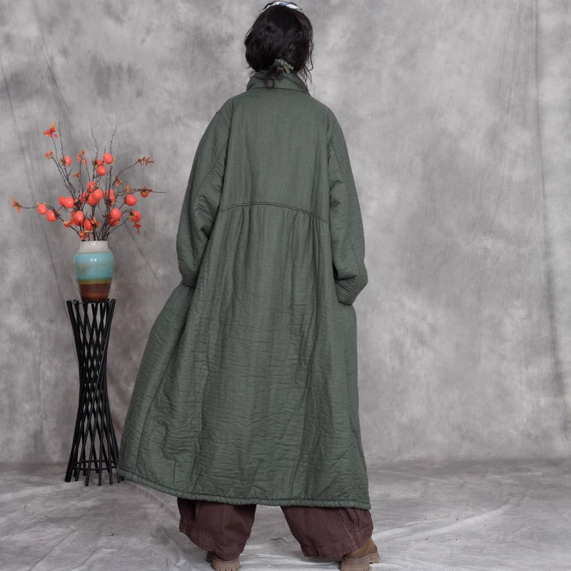 الوقوف طوق المرأة معطف طويل غير رسمي خمر نمط فضفاض القطن مبطن فضفاض دافئ الركبة طول سترة واقية معطف متوسط الطول #5