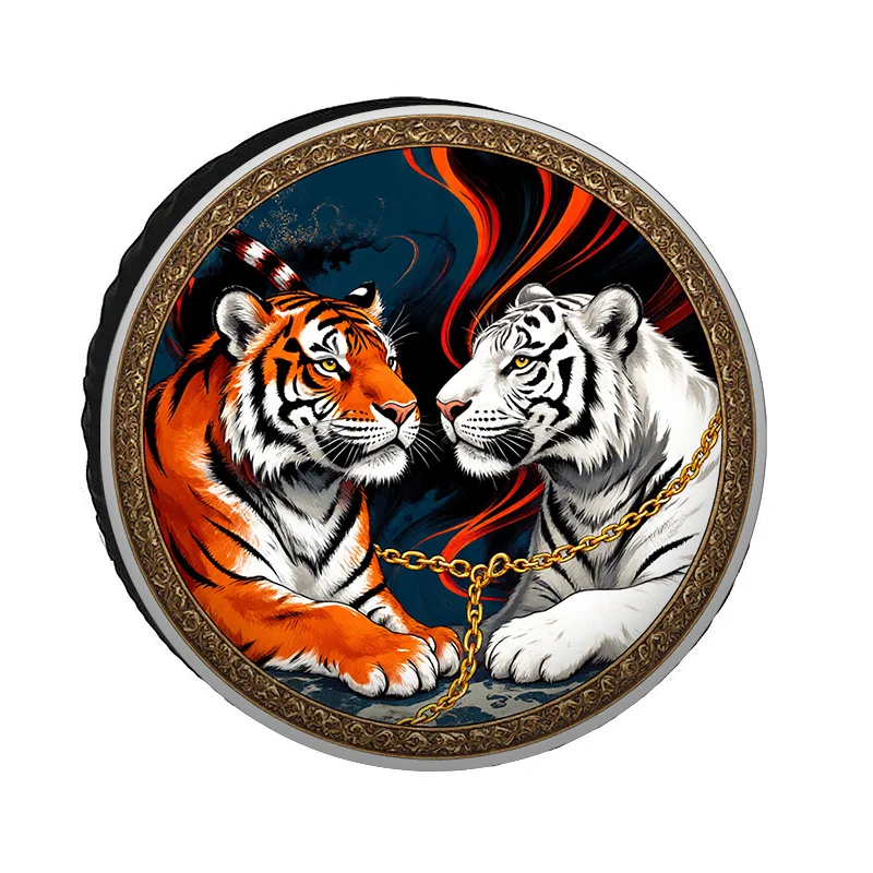 Fit For All Tire Cover - Heavy-Duty Wheel With Symmetrical Tiger Stripe Design, Dark Blue Frame - All-Weather Tire Case For Vehi