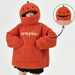 Damska bluza z kapturem w kształcie dyni na Halloween Okrągły dekolt Bluza jesienna z kapturem Dwustronny polar Śliczne topy swetrowe na Halloween