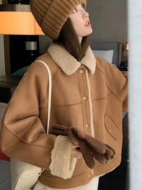 Thiened Lammfelljacke für Damen: Leder- und Fellintegrierte Frühlingsjacke, Neu, Kleine Größe, Wärmend, Retro-Stil, Gerade Passform