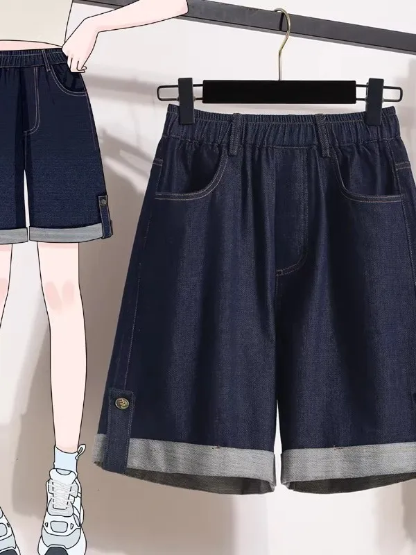 

plus Size Women's Summer Thin Lyocell Denim Shorts Loose Wide Leg Casual Cuffed Five-Quarter Shorts High Waist Vintage Style